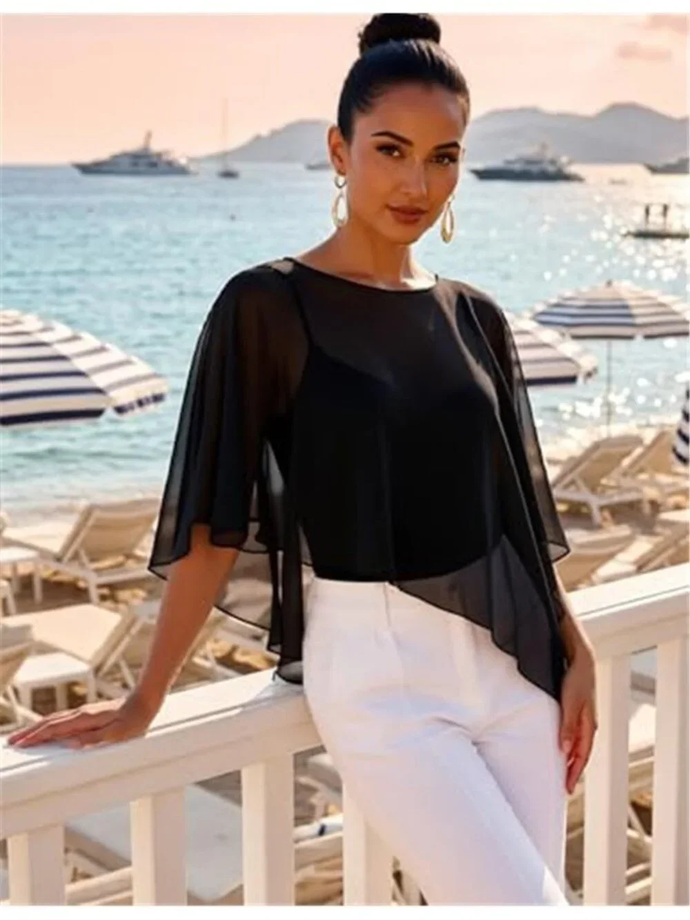 Women Chiffon Capelet Batwing Sleeve Wedding Shawl Sheer Cover Up